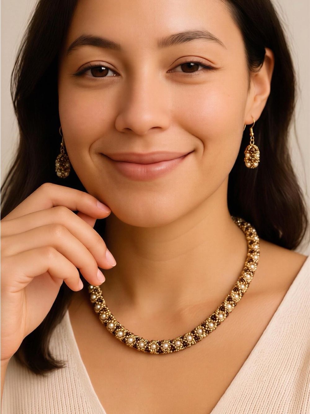 Gold Beaded Statement Necklace and Drop Earrings - Gold